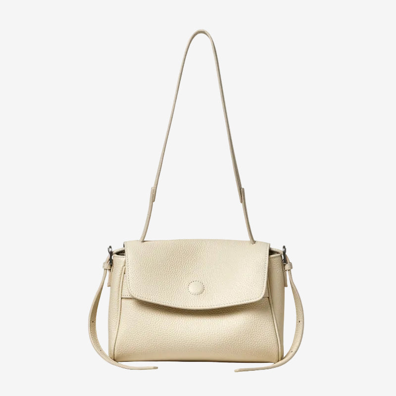 Cuirae ivory pebbled top-grain leather flap shoulder and crossbody bag, front view