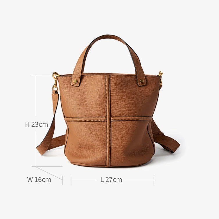 Brown leather bucket bag measuring 27 cm long, 16 cm deep, and 23 cm high