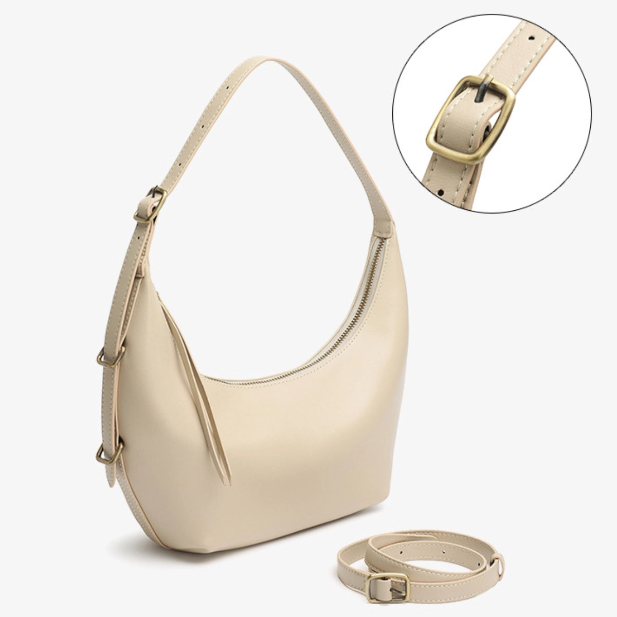 Close up of the adjustable brass buckle on the strap of the Cuirae leather handbag.