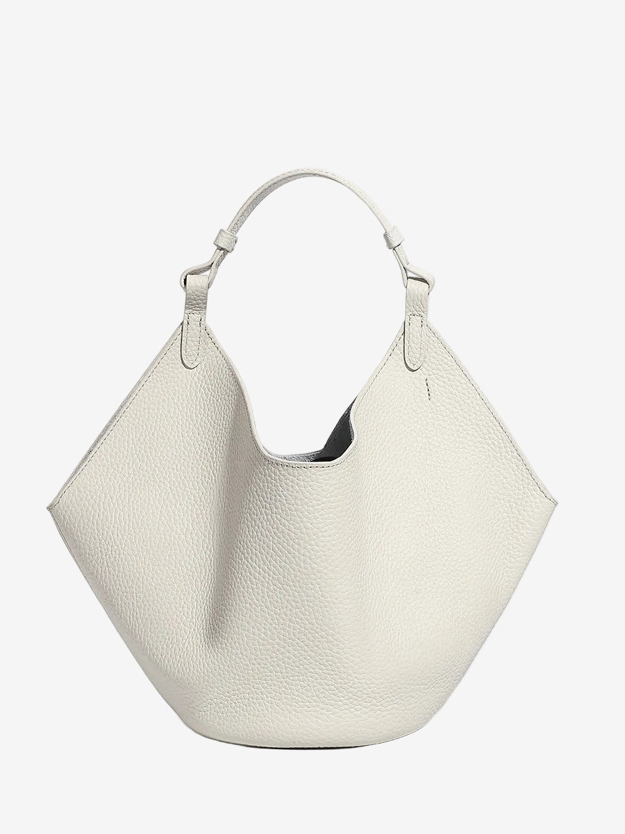 Cuirae off-white pebbled genuine leather soft slouchy hobo bucket bag, front view on white background with adjustable top handle