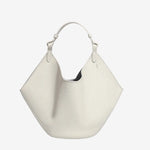 Cuirae off-white pebbled genuine leather soft slouchy hobo bucket bag, front view on white background with adjustable top handle