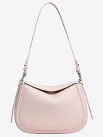 Pink Cuirae pebbled leather shoulder bag with an adjustable strap, front view