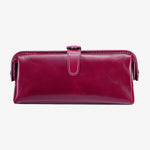 Cuirae purple glossy genuine leather makeup bag with buckle closure, front view on white background