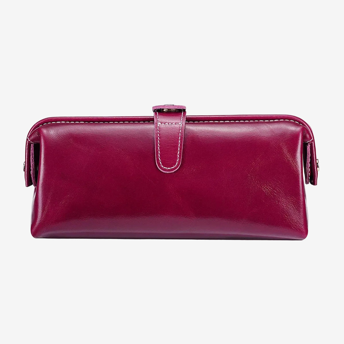 Cuirae purple glossy genuine leather makeup bag with buckle closure, front view on white background