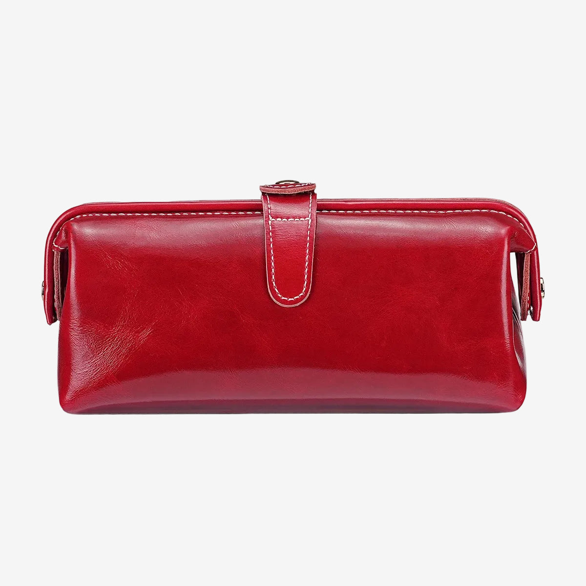 Cuirae red glossy genuine leather makeup bag with buckle closure, front view on white background