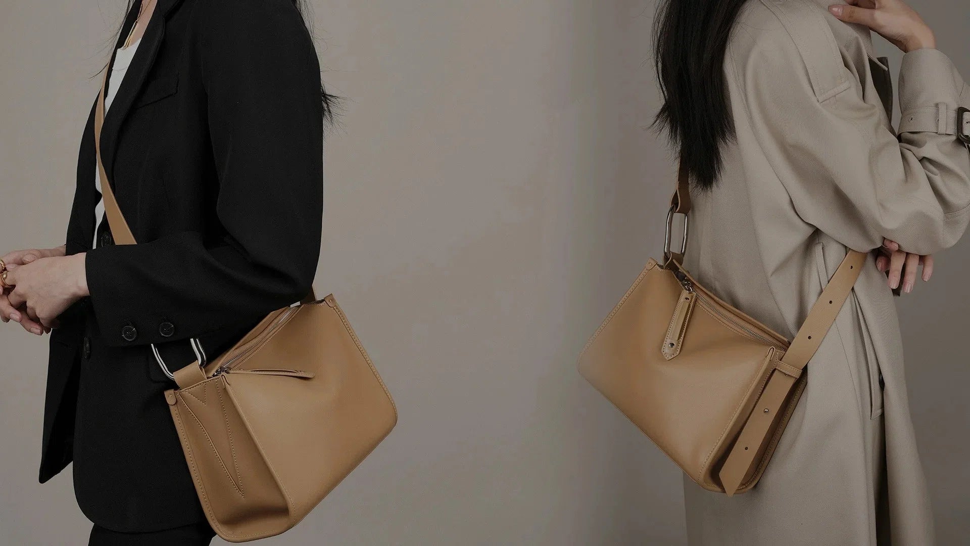 Two ways to wear the Cuirae tan 100% real leather crossbody bag, styled with a black blazer and a trench coat. Built to last for your daily life.