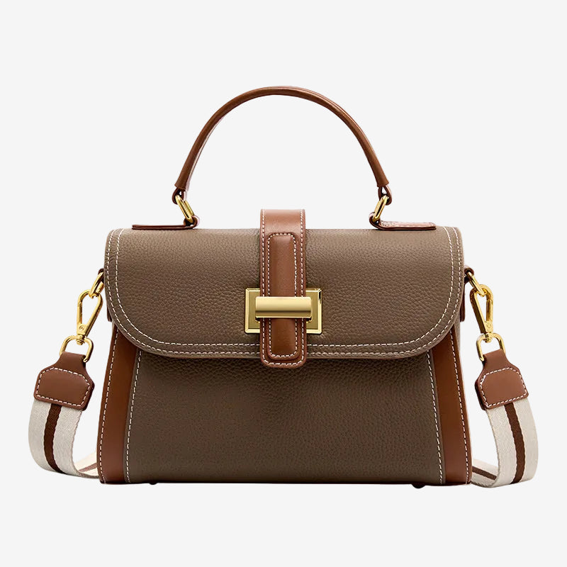 Cuirae taupe and brown genuine leather shoulder  bag with a wide canvas strap, front view, plain white background

