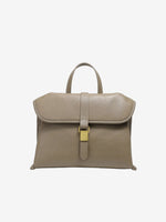 Cuirae taupe genuine leather flap handbag with gold buckle and contrast stitching, front view on white background
