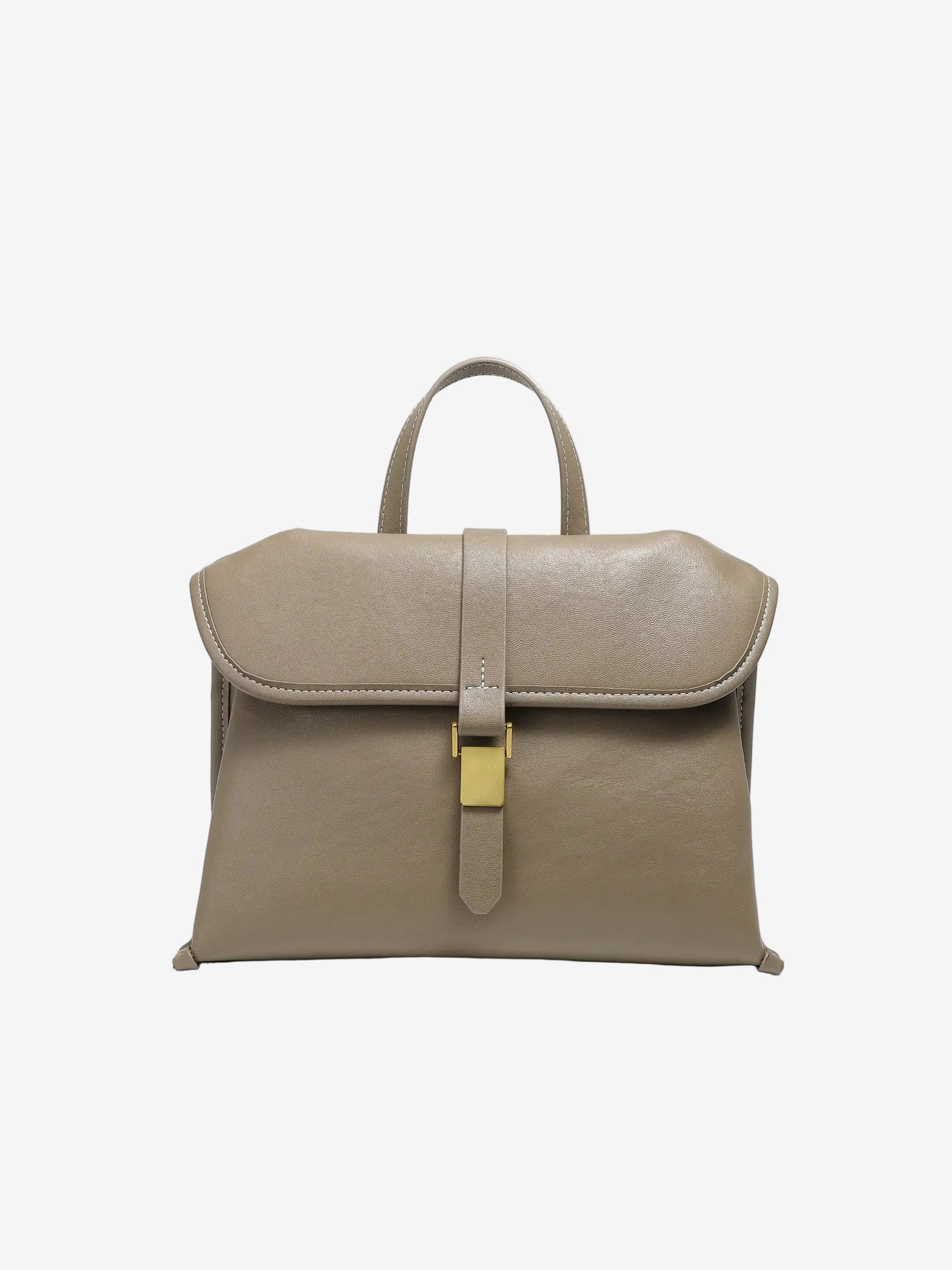 Cuirae taupe genuine leather flap handbag with gold buckle and contrast stitching, front view on white background
