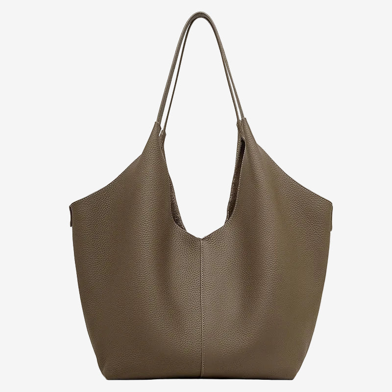 A front view of the Cuirae taupe genuine leather tote bag standing on a plain background.