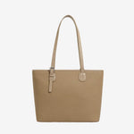 A front view of the Cuirae taupe genuine leather tote bag standing on a plain background.