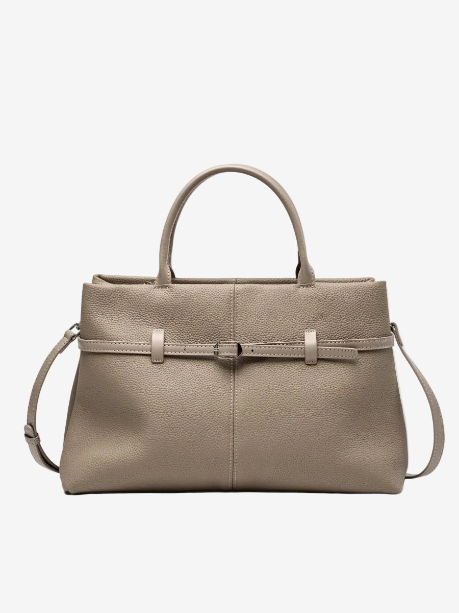Cuirae taupe pebbled genuine leather handbag with belt buckle detail and silver hardware, front view on white background
