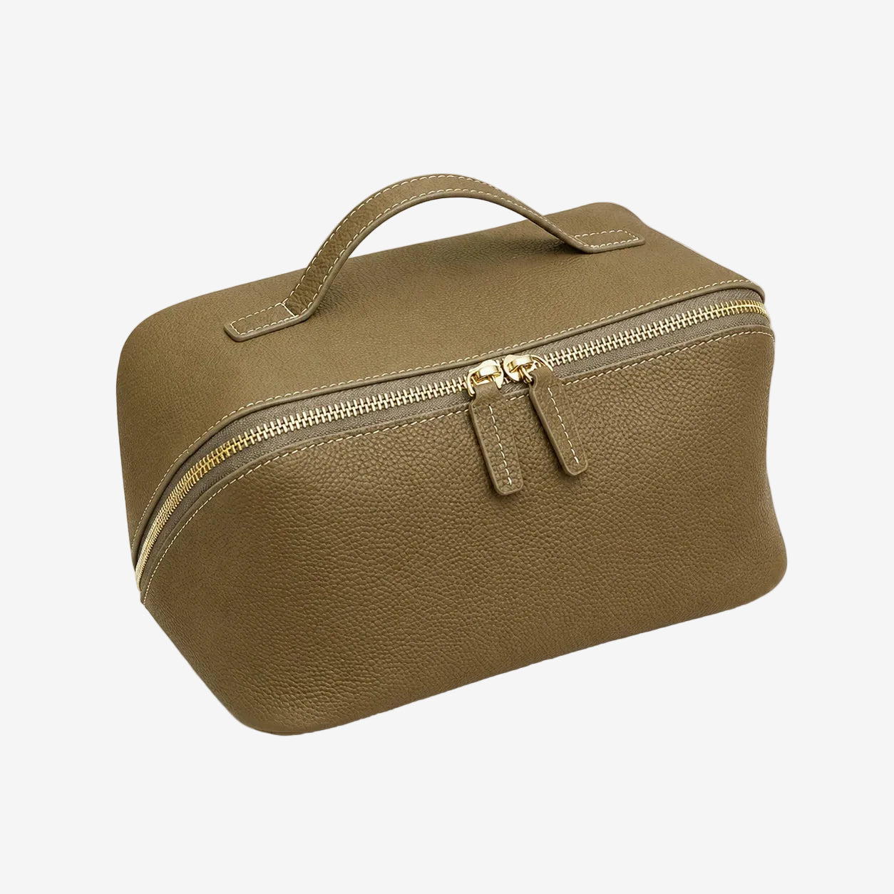 Cuirae taupe pebbled genuine leather makeup bag with top handle and gold zipper, front angled view on white background