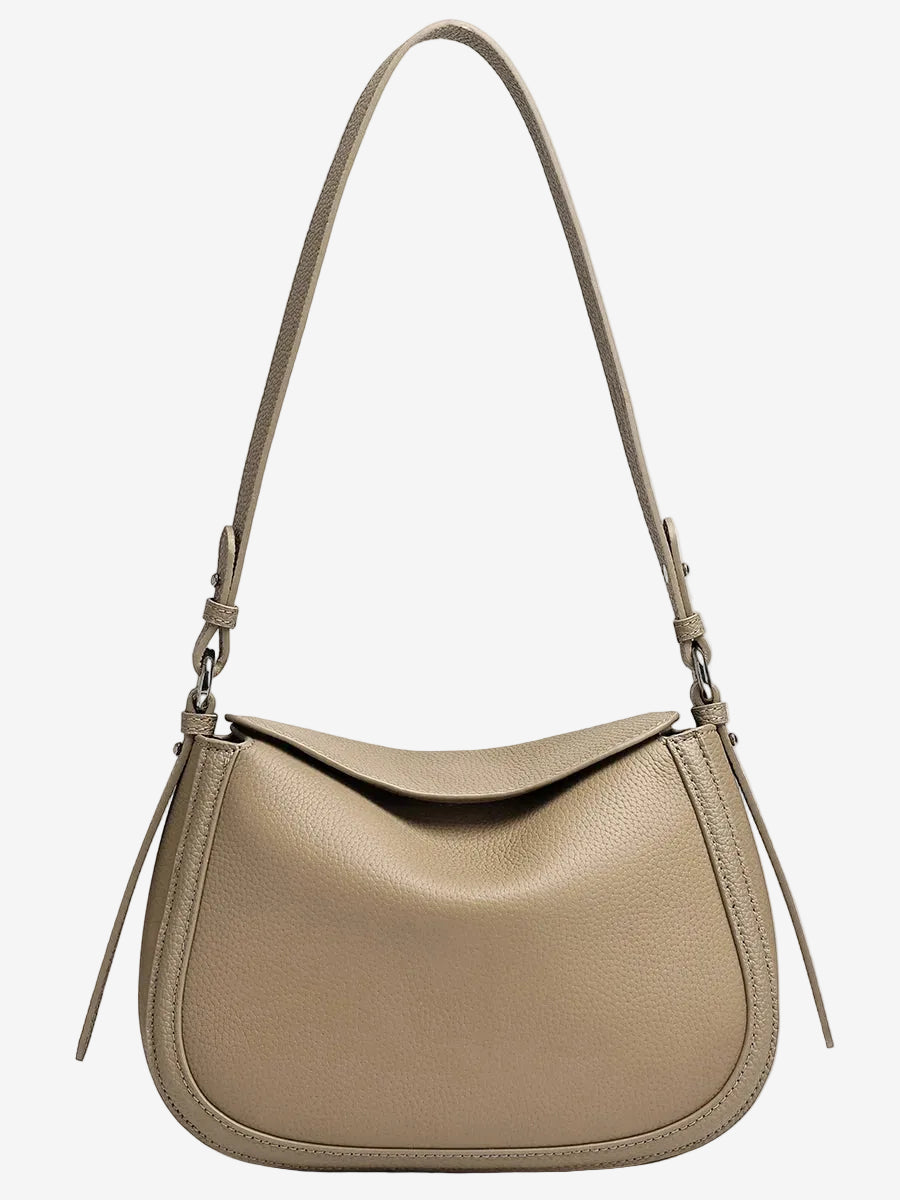 Taupe Cuirae pebbled leather shoulder bag with an adjustable strap, front view