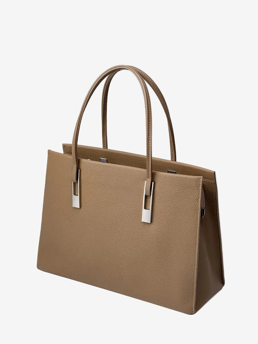 Taupe structured top-grain leather tote with twin handles and silver-tone accents