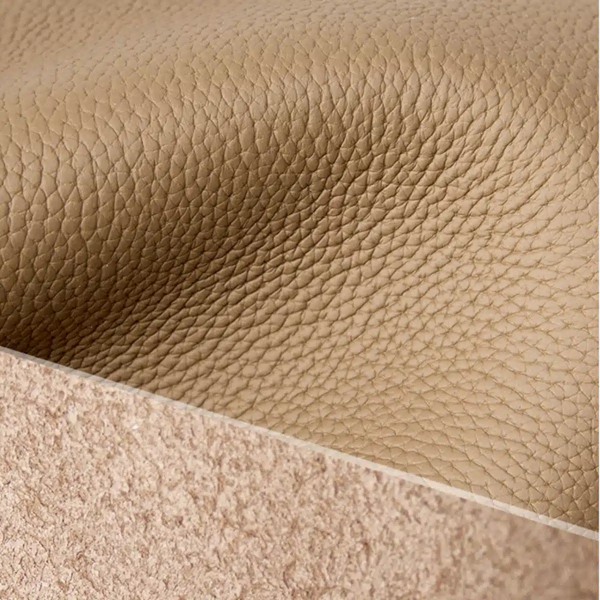 Close-up of taupe top-grain cowhide showing its pebbled surface and underside