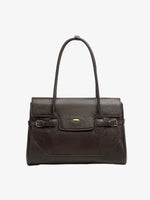 Cuirae chocolate top-grain leather everyday tote bag with top handles and gold hardware, front view on white background