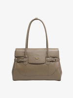 Cuirae gray top-grain leather everyday tote bag with top handles and silver hardware, front view on white background