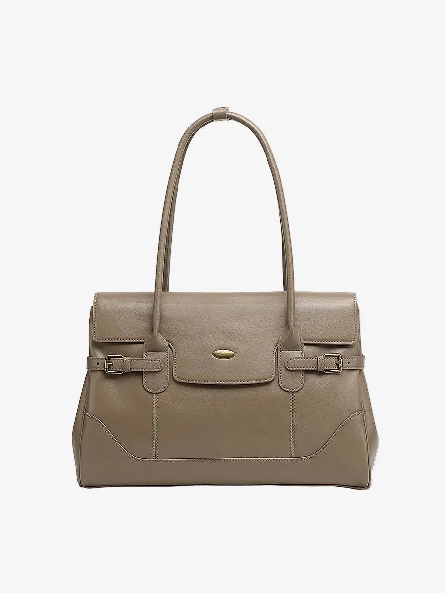 Cuirae gray top-grain leather everyday tote bag with top handles and silver hardware, front view on white background