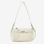 Cuirae white glossy genuine leather crossbody bag with turnlock detail and adjustable strap, front view on white background