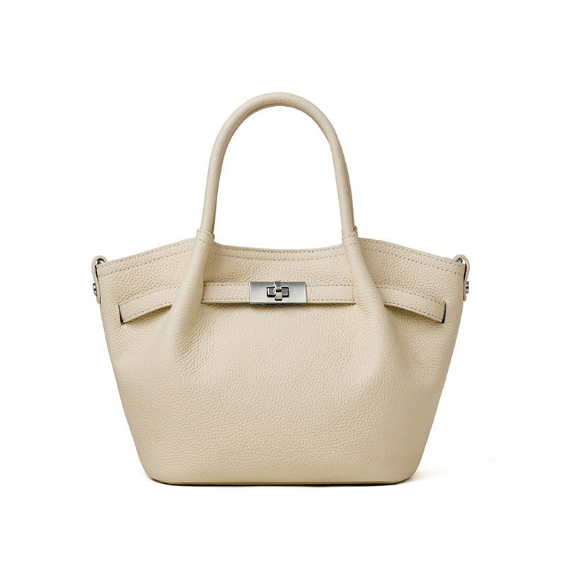 Cuirae white pebbled genuine leather kelly crossbody bag with silver turnlock hardware, front view on white background