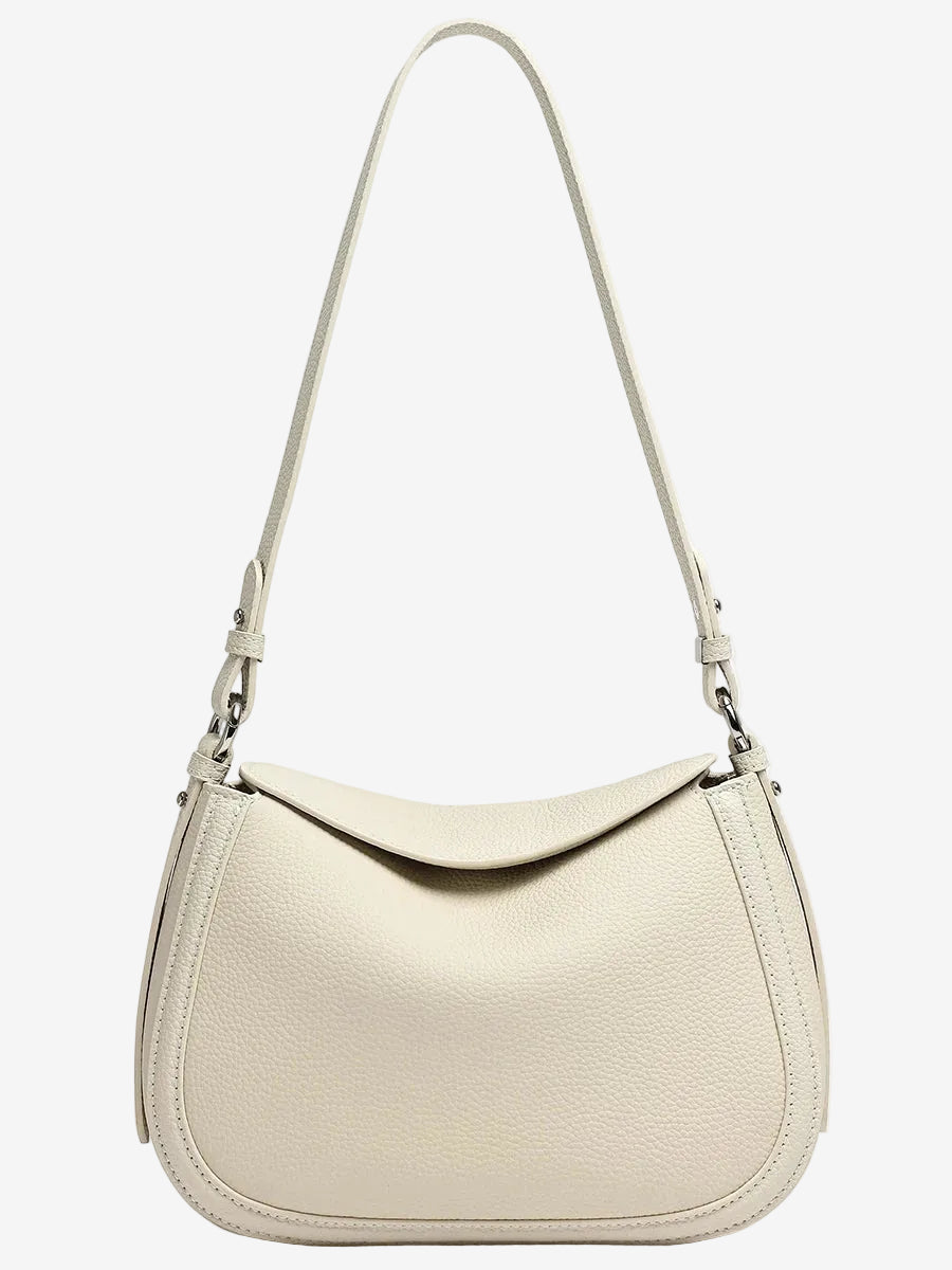 White Cuirae pebbled leather shoulder bag with an adjustable strap, front viewWhite