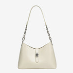 A front view of the Cuirae white top-grain cowhide handbag with a silver lock and chain strap on a white background.