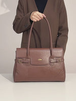 Brown genuine leather tote bag with double handles and buckle details - Cuirae