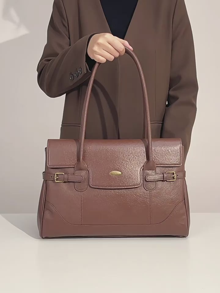 Brown genuine leather tote bag with double handles and buckle details - Cuirae