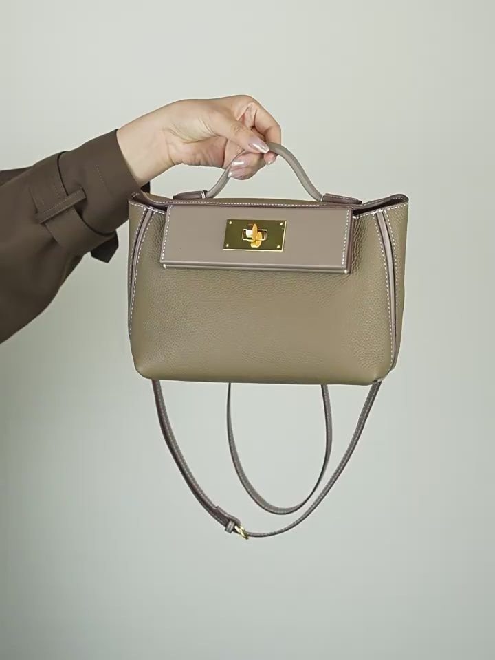 A dynamic showcase of the Cuirae genuine leather crossbody bag, highlighting its spacious interior, built-in pockets, and metal hardware details, as well as how the models demonstrate its versatility with various outfits.